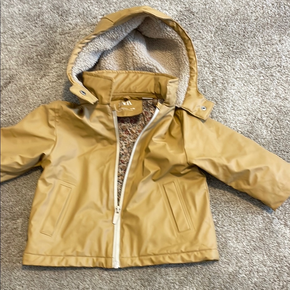 Zara Toddler Girl Yellow Hooded Zip-up Rain Coat/Jacket, floral lining, 12-18